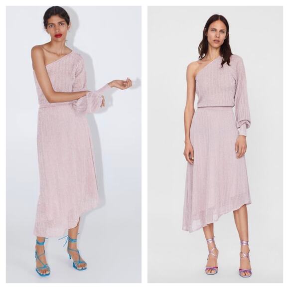 Zara Pink Midi Dress Small One Sleeve Metallic Stretch Knit Cocktail Party - Picture 1 of 14